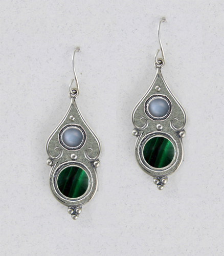 Sterling Silver Malachite And Grey Moonstone Gemstone Drop Dangle Earrings